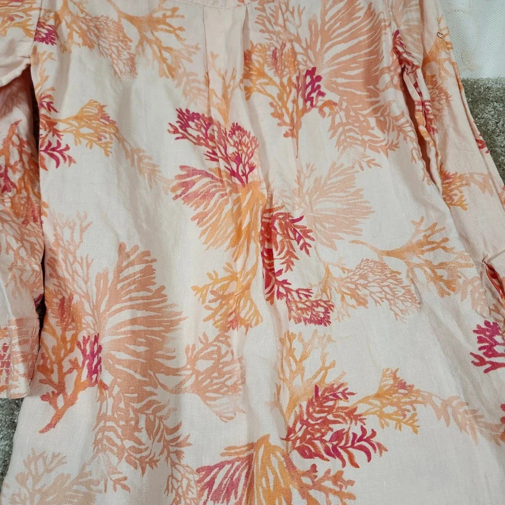 Chico's Tunic Dress Coral Sea Life Print 100% Linen Coastal‎ Resort Size 1 8/10